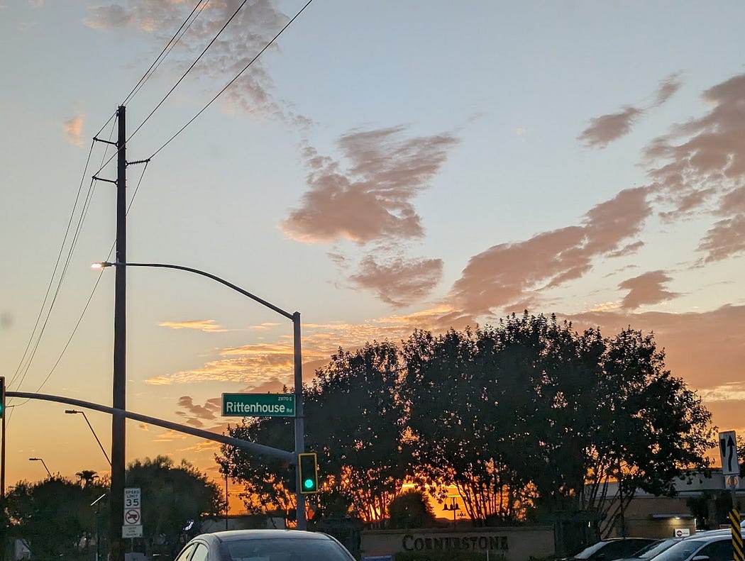 Sunset scene with trees and streetlamps